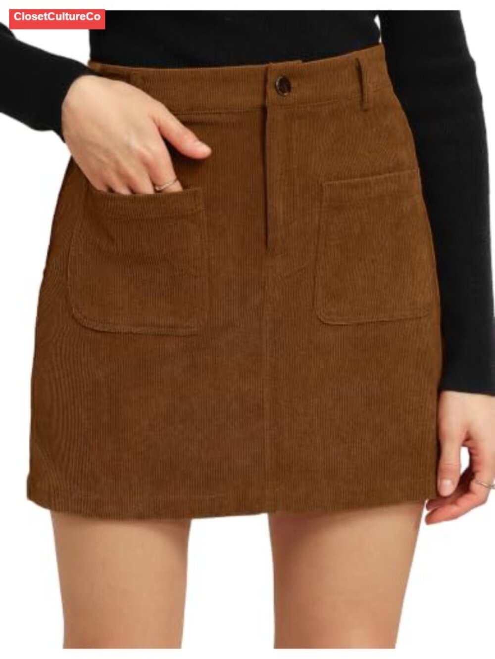 High Waist Corduroy Mini Skirt with Pockets Slit Pencil